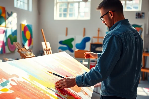 Een kunstenaar schildert op een canvas in een kleurrijke studio met veel licht.