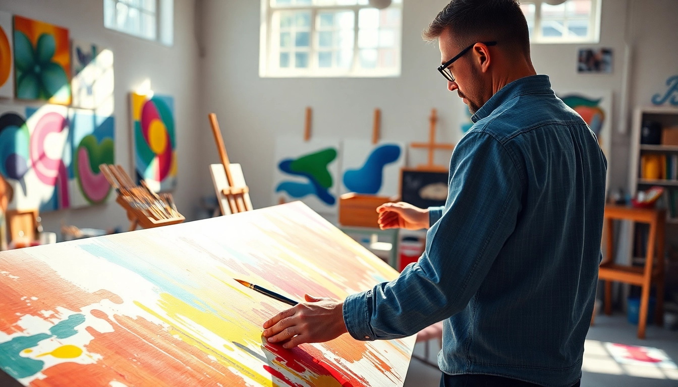 Een kunstenaar schildert op een canvas in een kleurrijke studio met veel licht.
