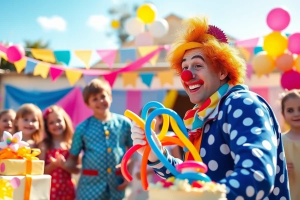 Delighted children enjoying kids party entertainment featuring a clown and balloon art.