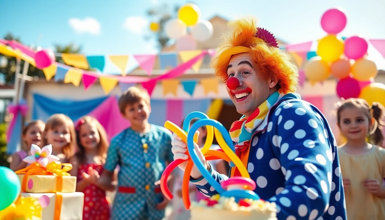 Delighted children enjoying kids party entertainment featuring a clown and balloon art.