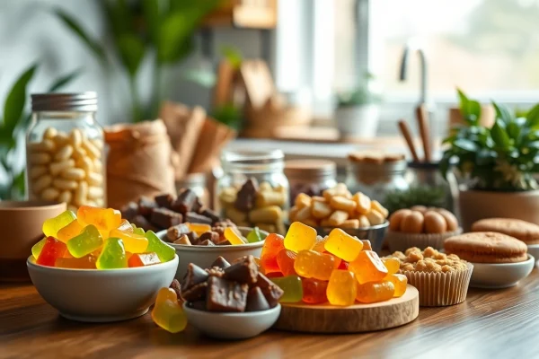 Explore vibrant wholesale CBD edibles including gummy bears and chocolates arranged invitingly.