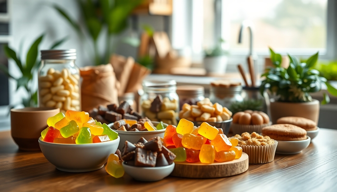 Explore vibrant wholesale CBD edibles including gummy bears and chocolates arranged invitingly.