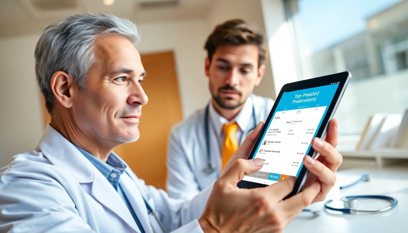 Doctor prescribing medications using top rated prescription applications on a tablet in a clinic.