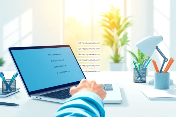 Using a temporary email displayed on a laptop screen in a vibrant workspace.