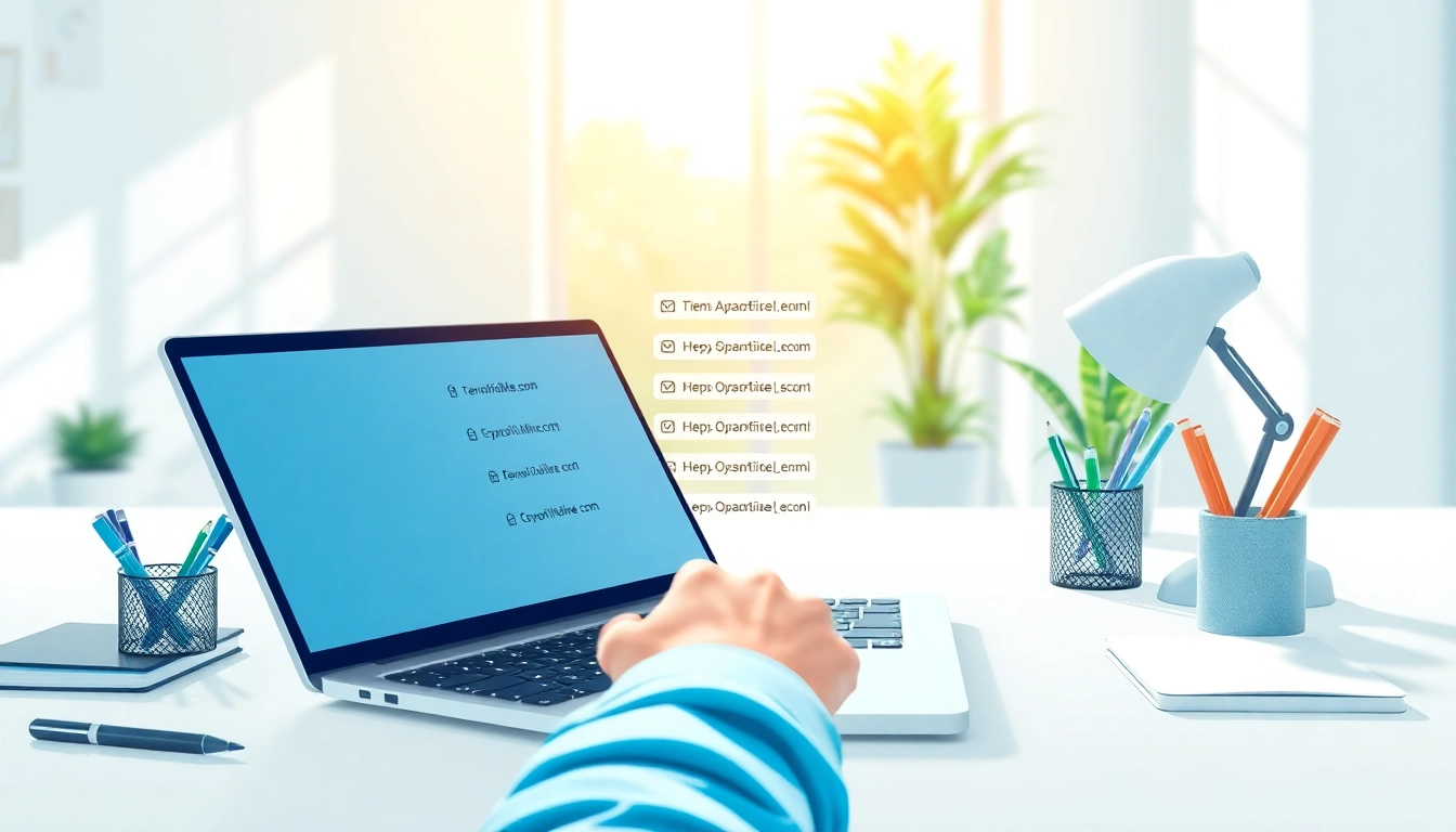 Using a temporary email displayed on a laptop screen in a vibrant workspace.