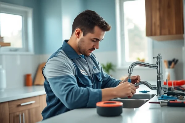 Skilled plumber working on plumbing Lacey Wa in a bright kitchen setting.