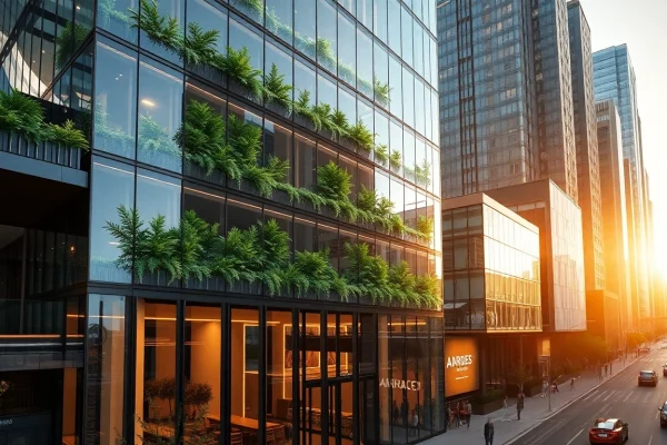 Die architektur visualisierung zeigt ein modernes Gebäude in urbaner Umgebung mit lebendigen Details und natürlichem Licht.
