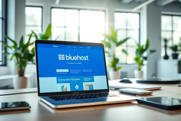 Engaging workspace showcasing Bluehost on a laptop amidst modern digital tools.