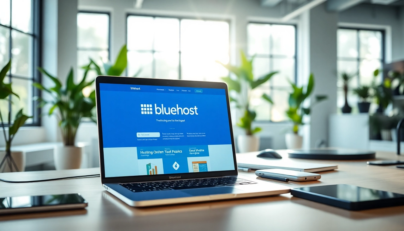Engaging workspace showcasing Bluehost on a laptop amidst modern digital tools.