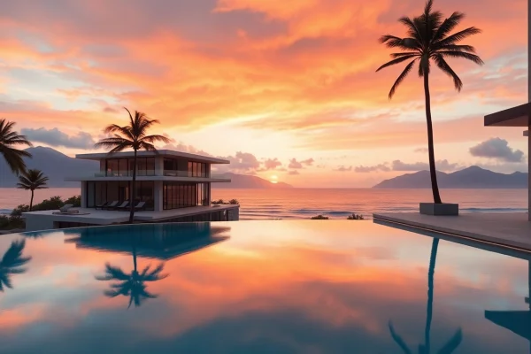 Experience luxury international real estate with a stunning beachfront villa and sunset view.