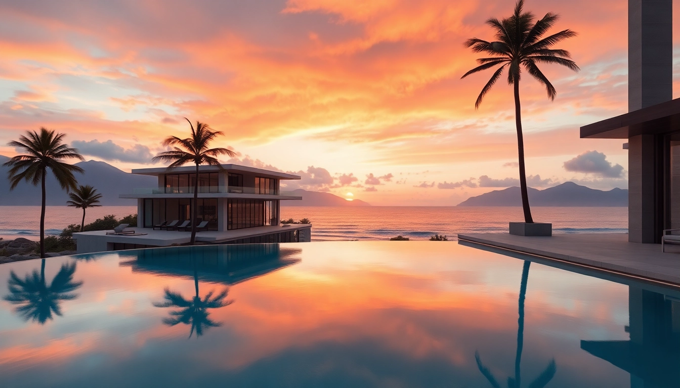 Experience luxury international real estate with a stunning beachfront villa and sunset view.