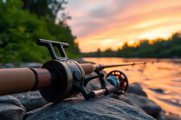 Fly fishing combo displayed on a riverbank, highlighting gear details and tranquil sunset.